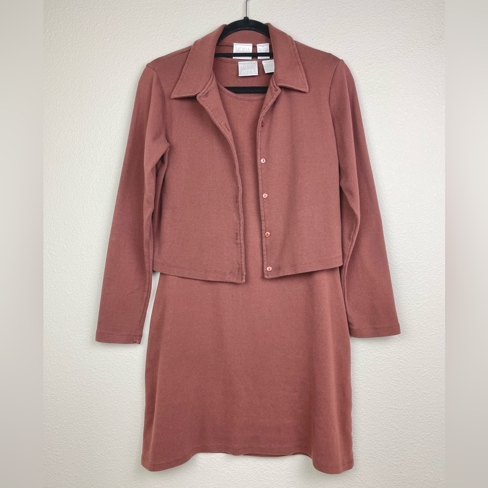 VTG Moda Int'l Women's Medium Chocolate Brown Dress Top Matching Set Knit Minima